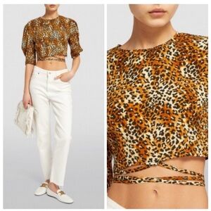 Maje Leopard-Print Wrap Crop Top in Brown and Black